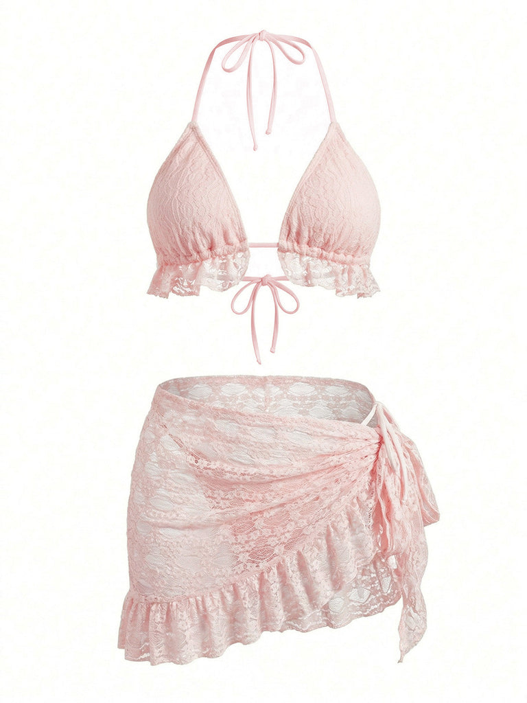 Ensemble 2 Pièces Bikini Dos-Nu Uni en Dentelle & Cache-Maillot à Volants Années 1960