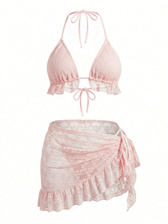 Ensemble 2 Pièces Bikini Dos-Nu Uni en Dentelle & Cache-Maillot à Volants Années 1960