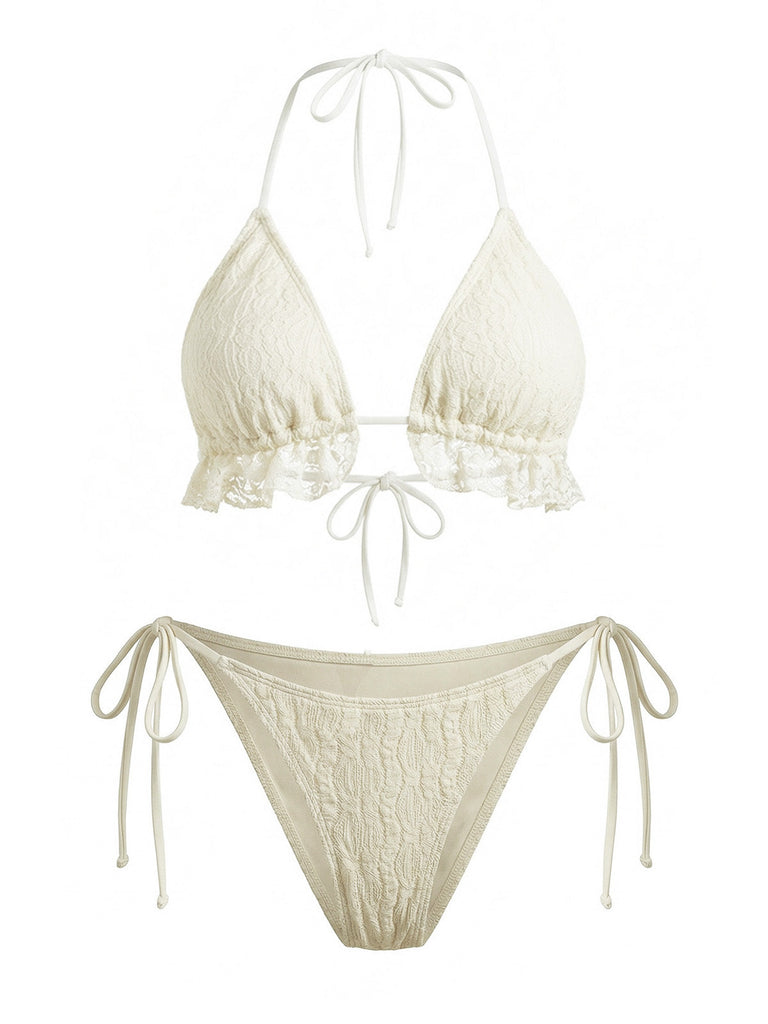Ensemble 2 Pièces Bikini Dos-Nu Uni en Dentelle & Cache-Maillot à Volants Années 1960