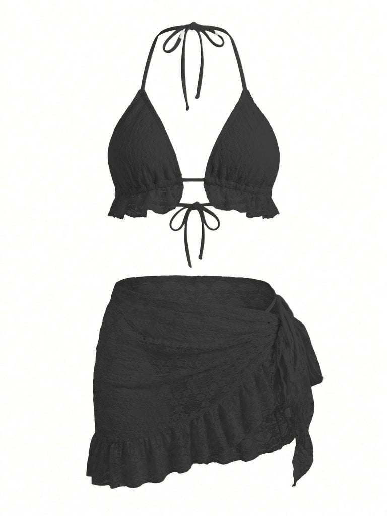 Ensemble 2 Pièces Bikini Dos-Nu Uni en Dentelle & Cache-Maillot à Volants Années 1960