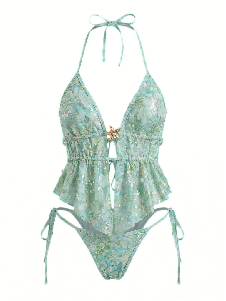 Turquoise 1960s Floral Sequin Halter Tie Bikini Set - vintage fashion, retro style