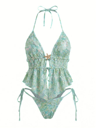 Turquoise 1960s Floral Sequin Halter Tie Bikini Set - vintage fashion, retro style