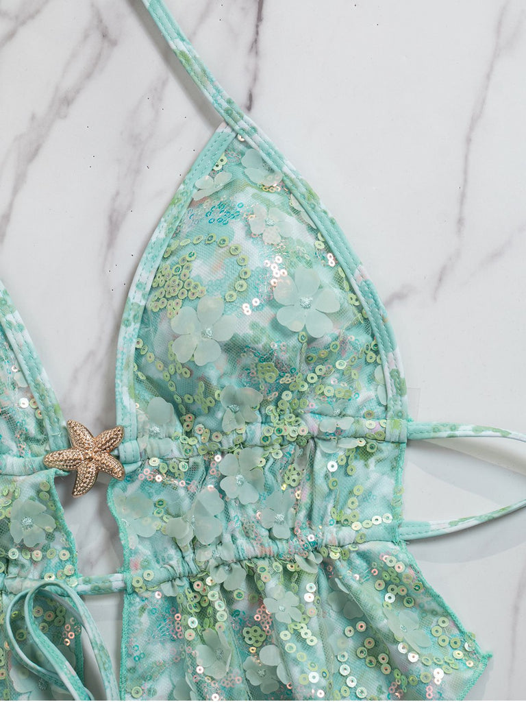 Turquoise 1960s Floral Sequin Halter Tie Bikini Set - vintage fashion, retro style
