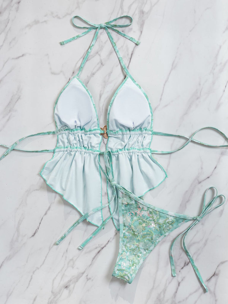 Turquoise 1960s Floral Sequin Halter Tie Bikini Set - vintage fashion, retro style