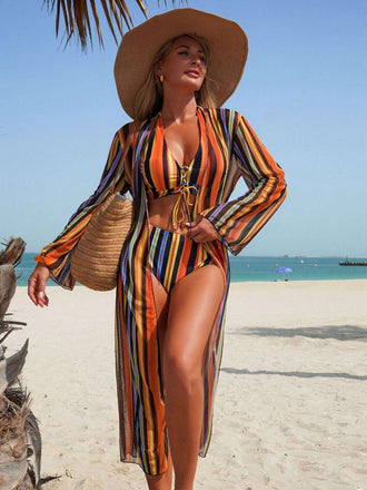 Ensemble Bikini Lacé à Rayures Verticales et Cache-Maillot Années 60