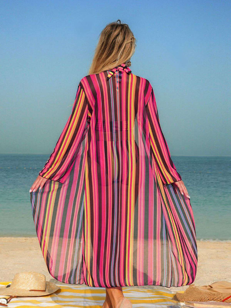Ensemble Bikini Lacé à Rayures Verticales et Cache-Maillot Années 60