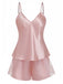 Pink satin nightgown with lace shorts on a white background