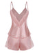 Pink satin pajama set with lace details on a white background