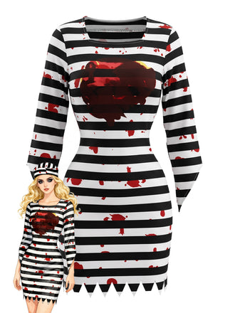 Robe courte Halloween de prisonnier rayée à éclaboussures de sang années 1970 - 1