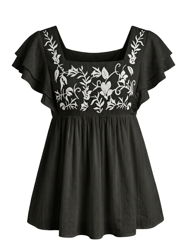 Top Babydoll à Manches Volantées Brodé Floral Années 70
