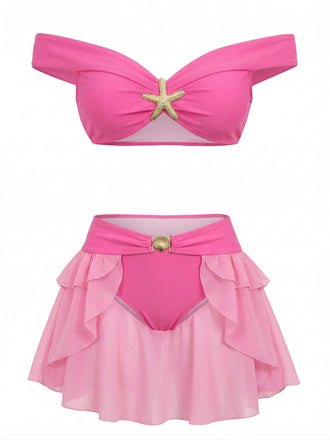 Ensemble Bikini Épaules Dénudées à Volants Princesse Jasmine Rose Rouge Années 1970