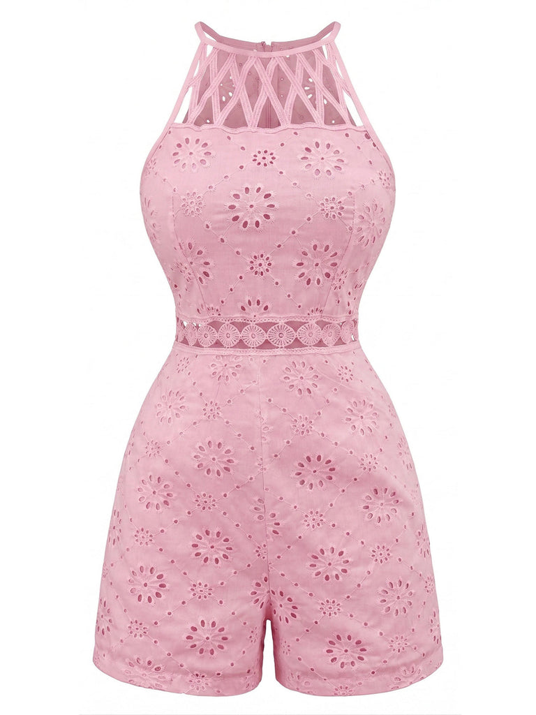Combishort Halter Col Rond Floral Ajouré Années 70