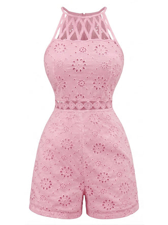 Combishort Halter Col Rond Floral Ajouré Années 70