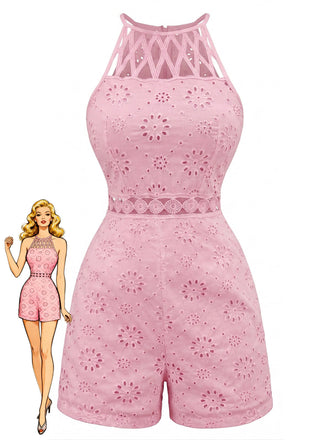 Combishort Halter Col Rond Floral Ajouré Années 70