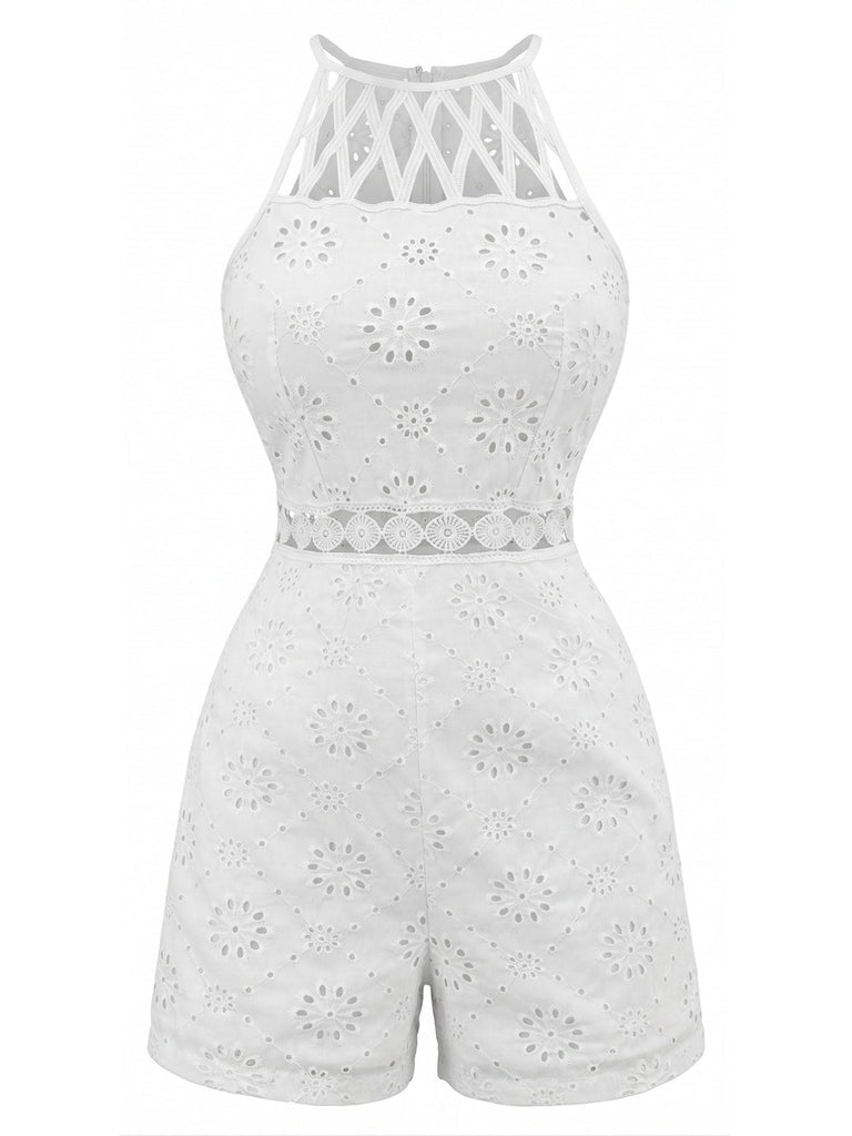 Combishort Halter Col Rond Floral Ajouré Années 70