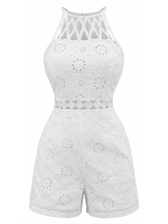 Combishort Halter Col Rond Floral Ajouré Années 70
