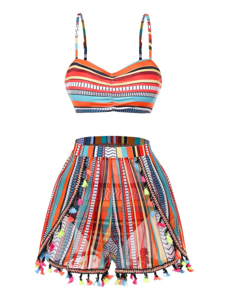 Colorful striped top and shorts set on a white background