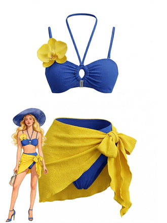 Ensemble 3 Pièces Bikini Dos-Nu Orchidée & Paréo Jaune Bleu Années 1980
