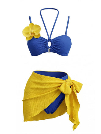 Ensemble 3 Pièces Bikini Dos-Nu Orchidée & Paréo Jaune Bleu Années 1980