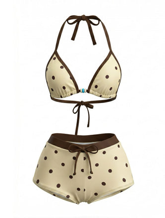 Ensemble Bikini Dos-Nu à Pois Jaune Crème Années 1980