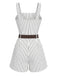 1980s belted sleeveless romper featuring pinstripe and polka dot pattern for retro summer styling