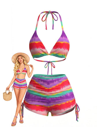 Bikini Dos-Nu Rayé & Short Taille Haute Arc-en-Ciel Années 1980