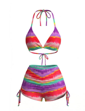 Bikini Dos-Nu Rayé & Short Taille Haute Arc-en-Ciel Années 1980