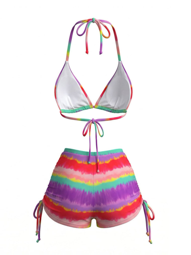 Bikini Dos-Nu Rayé & Short Taille Haute Arc-en-Ciel Années 1980