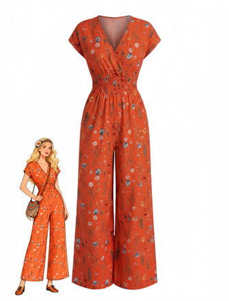 Bohème Florale Col en V Mancherons Jambes Larges Combinaison Années 1970