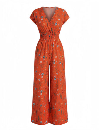 Bohème Florale Col en V Mancherons Jambes Larges Combinaison Années 1970 2
