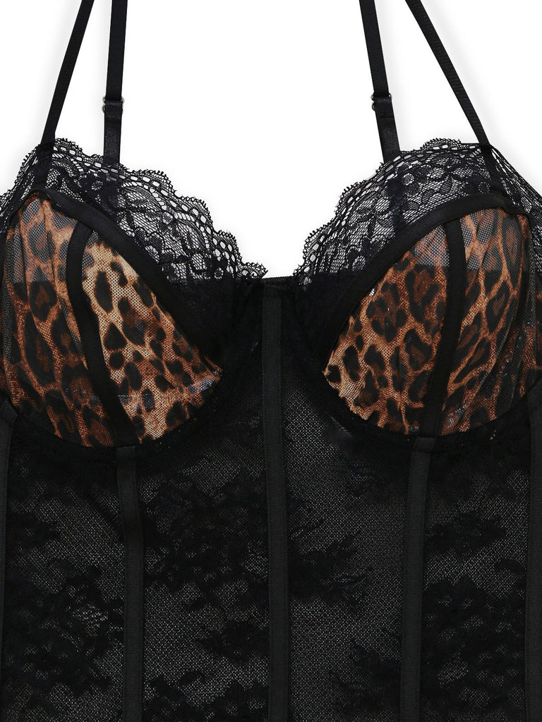 Detail: 1980s Leopard Lace Bodysuit with Apron Lingerie Set, timeless beauty, perfect for vintage fashion lovers