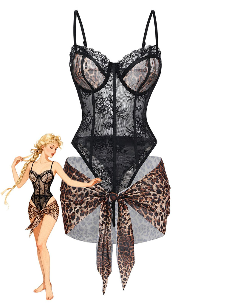 Front: 1980s Leopard Lace Bodysuit with Apron Lingerie Set, timeless beauty, perfect for vintage fashion lovers
