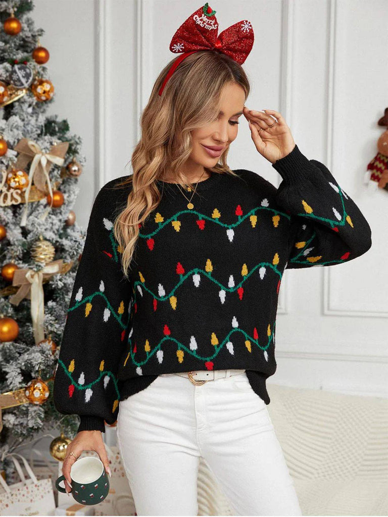 Pull en tricot noire à motifs de lumières de Noël années 1960