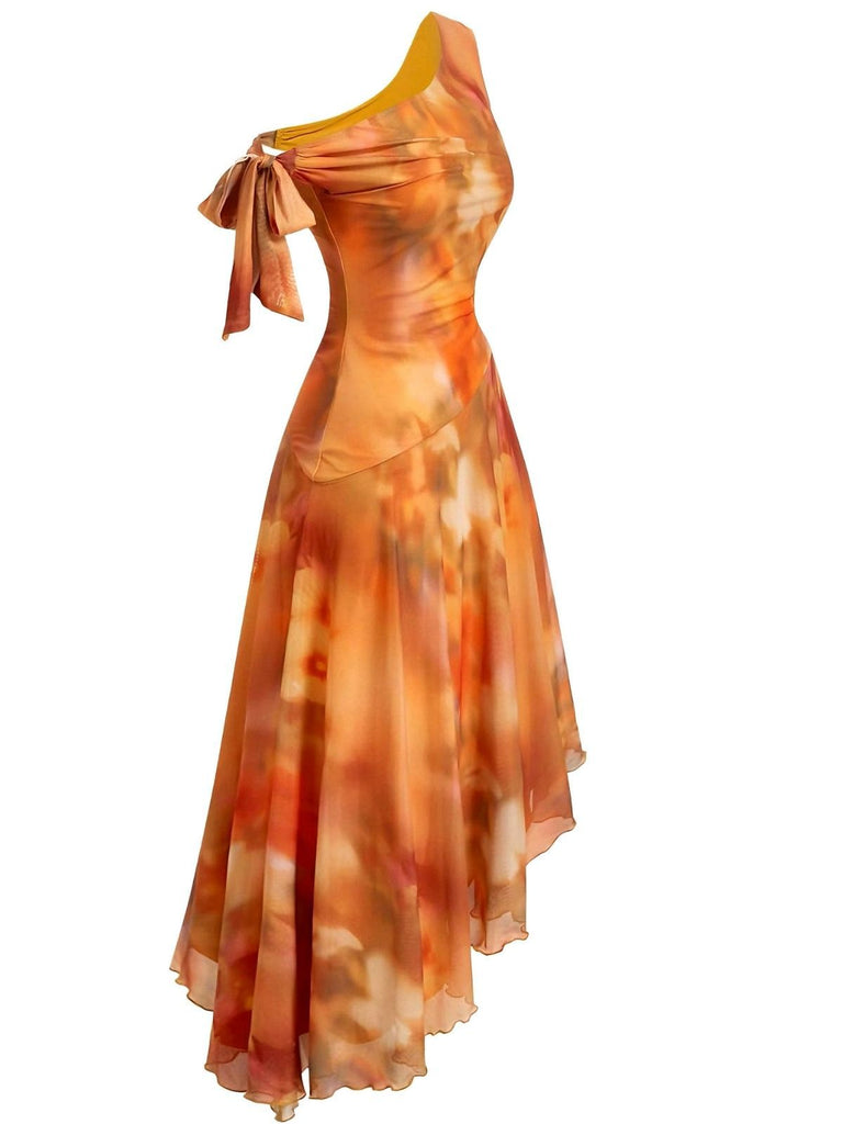 Robe orange à une épaule en résille et ourlet asymétrique années 70