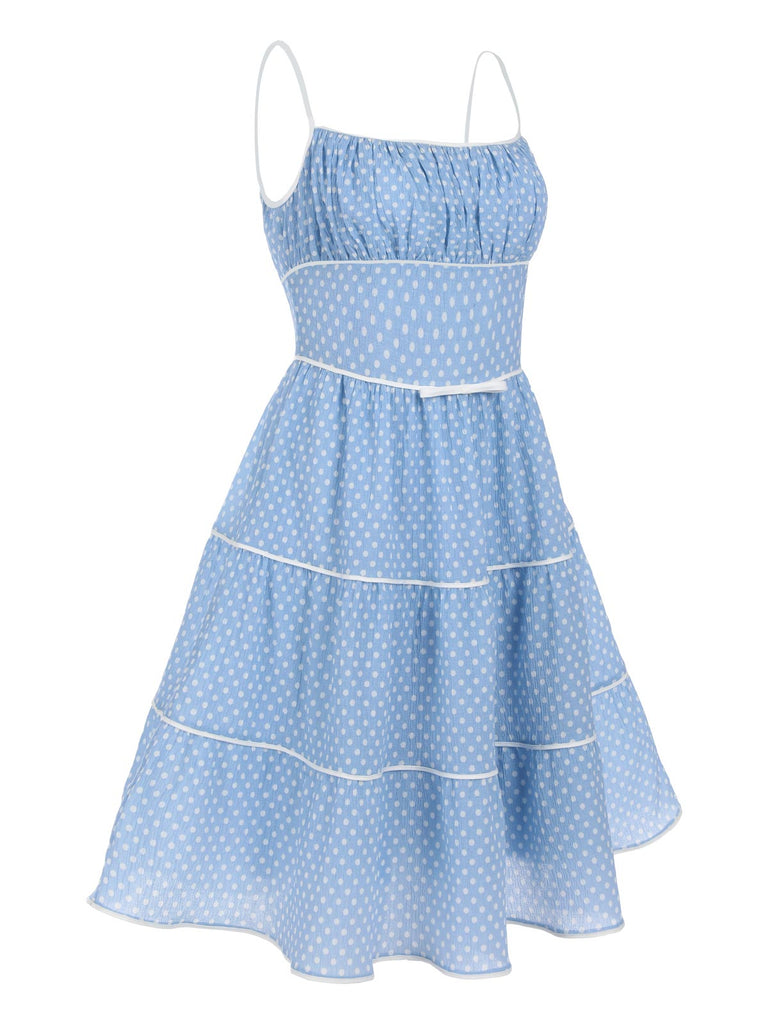 Robe Trapèze Bleu Ciel à Pois et Bretelles Années 1950 Cocktail 2