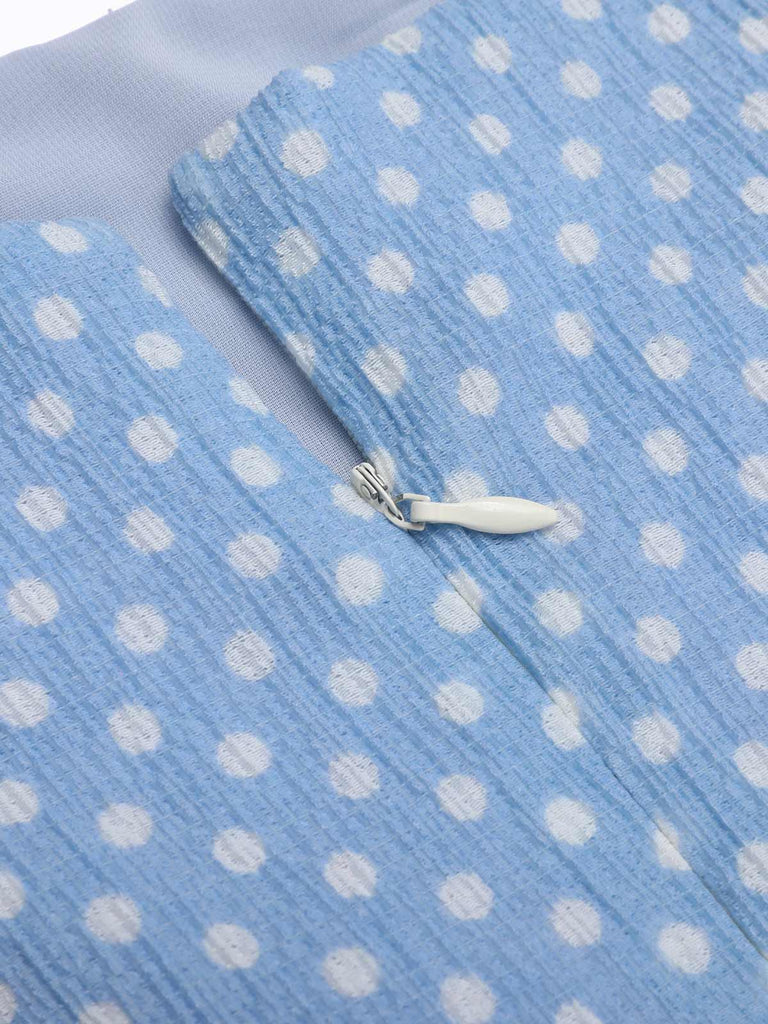Robe Trapèze Bleu Ciel à Pois et Bretelles Années 1950