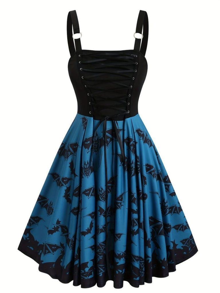 [Grande taille] Robe bleue à lacets chauve-souris Halloween années 1950