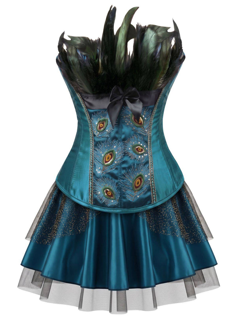 2PCS Corset brodé de motifs de plumes de paon et jupe plissée en tulle