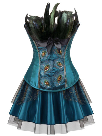 2PCS Corset brodé de motifs de plumes de paon et jupe plissée en tulle