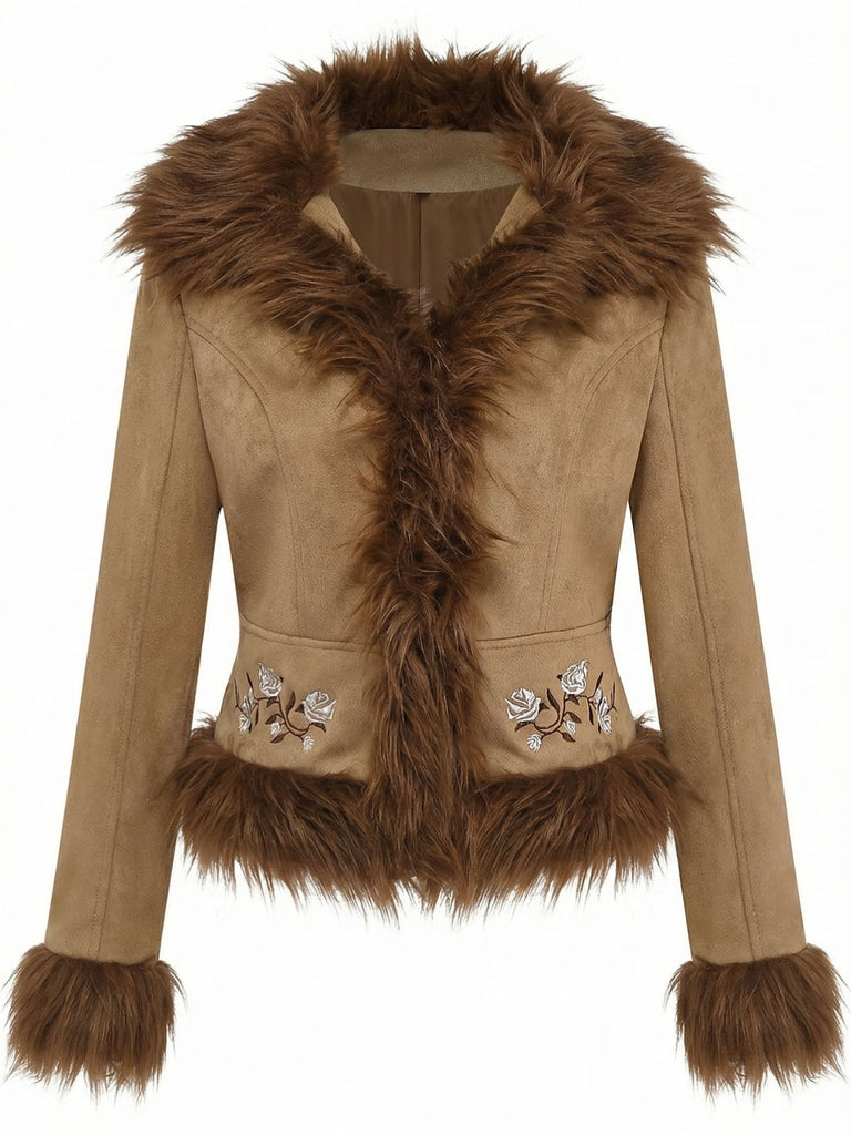 Veste avec bordure en fausse fourrure et broderie de roses années 1970