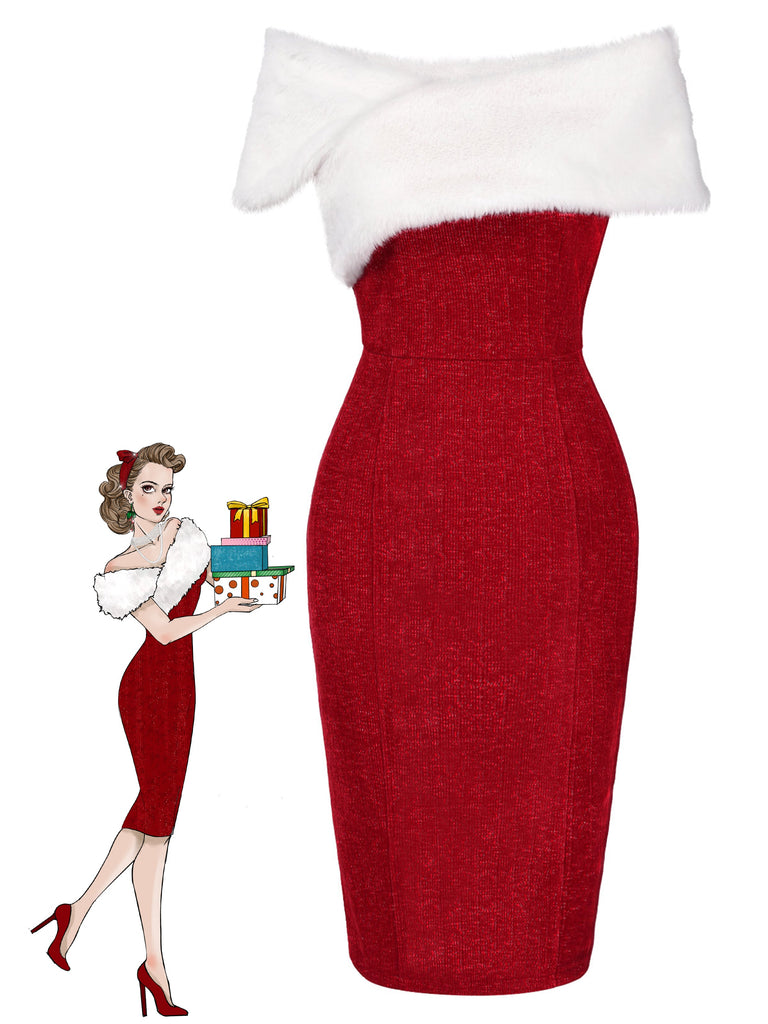 Robe à épaules dénudées col en fausse fourrure verte des années 1960