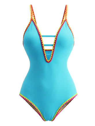 Maillot de bain une pièce à bretelles découpées color block années 1970