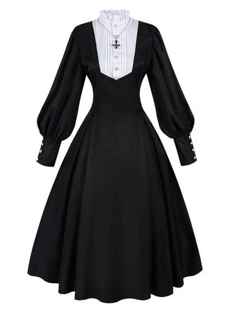 Robe noire style nonne avec collier croisé des années 1940