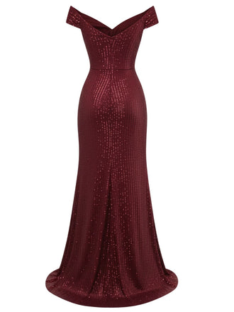 Robe longue fendue paillettes et épaules dénudées rouge années 1930