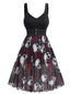 Robe gothique Halloween col en V motif tête de mort et roses des années 1950
