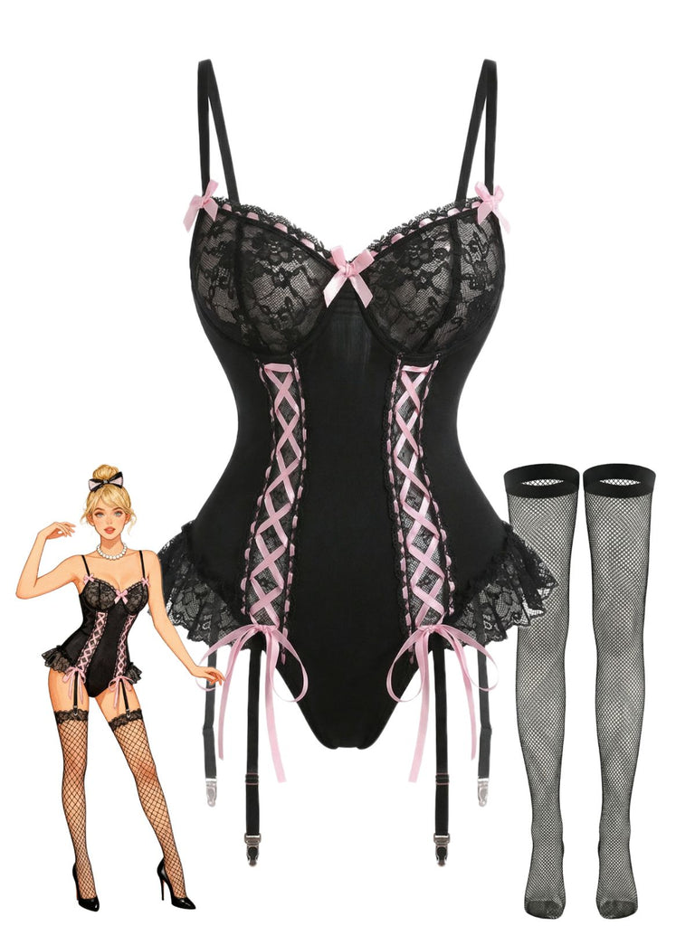 Ensemble de lingerie corset en dentelle noire avec bas résille années 1960