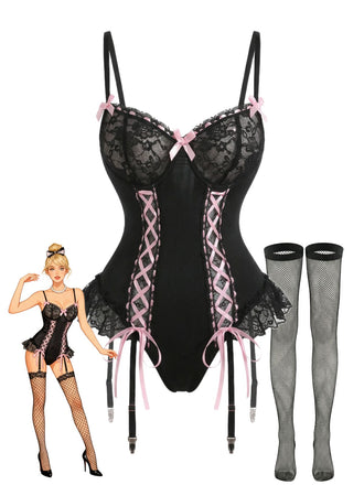 Ensemble de lingerie corset en dentelle noire avec bas résille années 1960