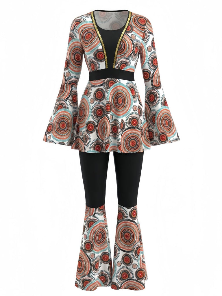 2PCS Haut à manches cloche et pantalon évasé hippie années 1970