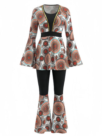 2PCS Haut à manches cloche et pantalon évasé hippie années 1970