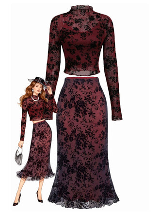 3PCS Ensemble transparent motif floral floqué rouge vin années 1930